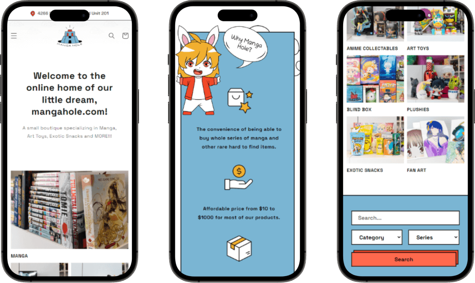 Manga Hole web design mock up on a phone