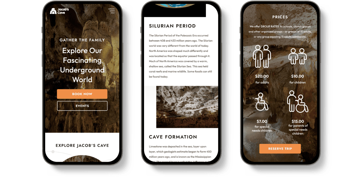 Jacob's Cave web design portfolio mockup on an iphone
