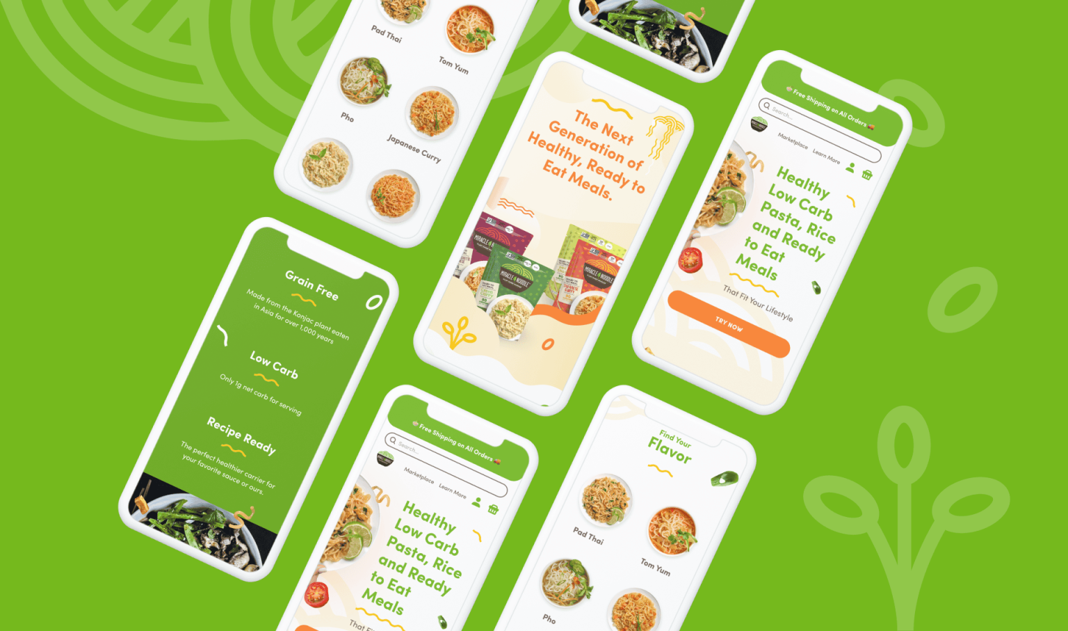 Miracle Noodle website design mockup on iphone