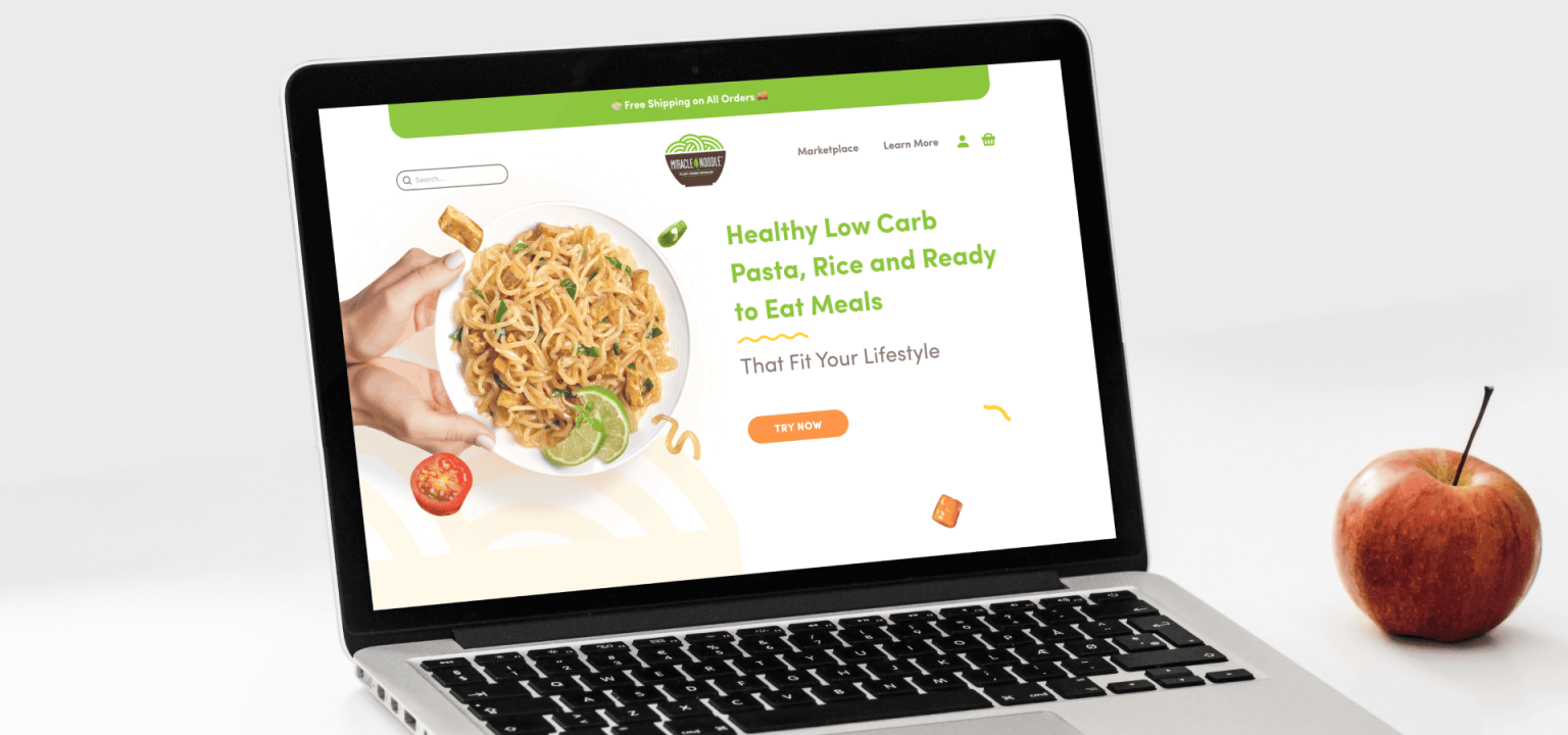 Miracle Noodle website design mockup on laptop