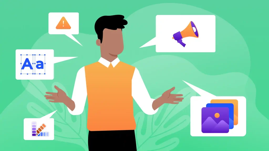 Web design and social media tips with a dark haired man standing next to representative icons.