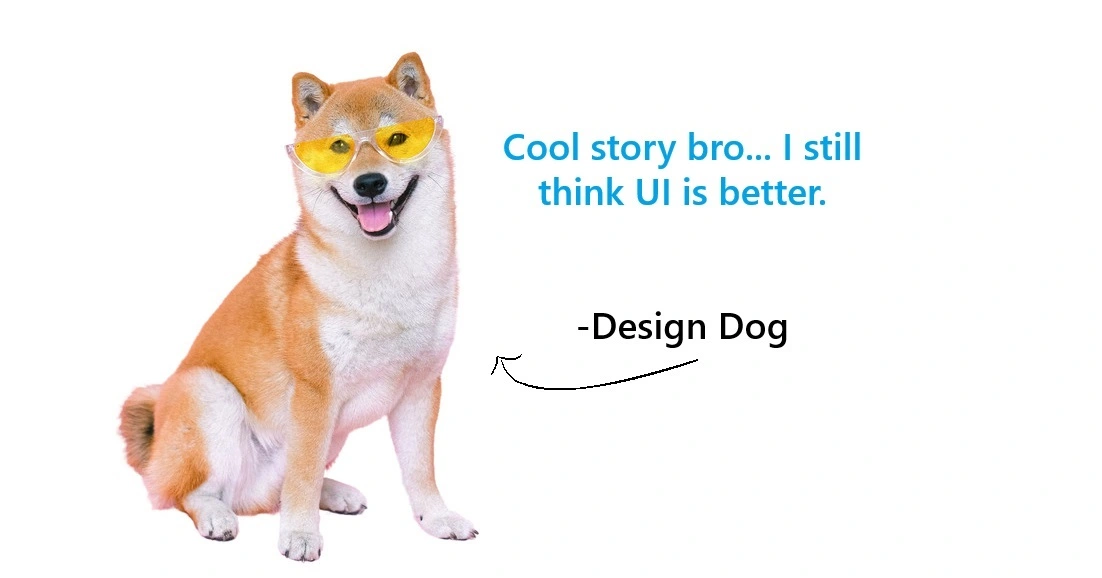 A smiling dog with a happy expression, symbolizing a preference for UI over UX, highlighting the visual allure and immediate impact of User Interface in web design.