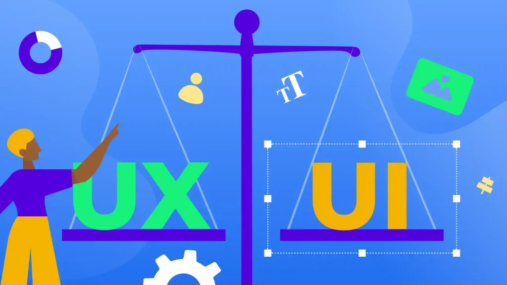 A playful and dynamic image featuring UX or UI lettering in reference to web design.