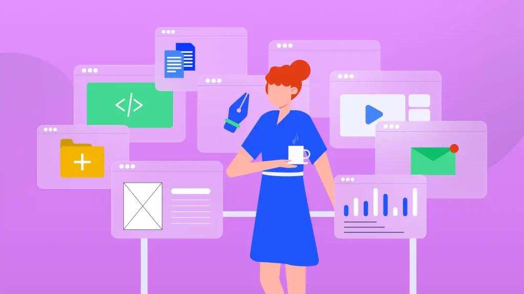 Red headed woman in a blue dress near to web design symbols.