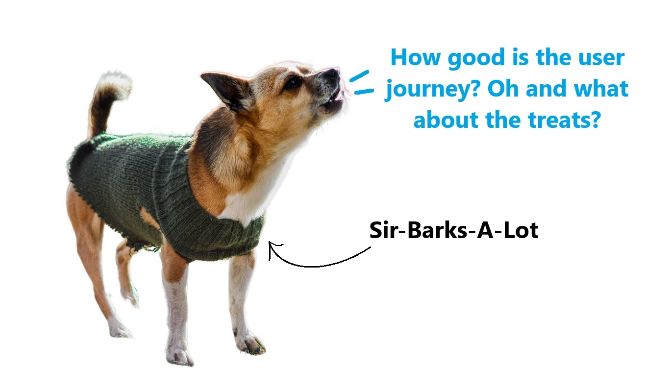 A small dog asking a question about the user journey in web design.