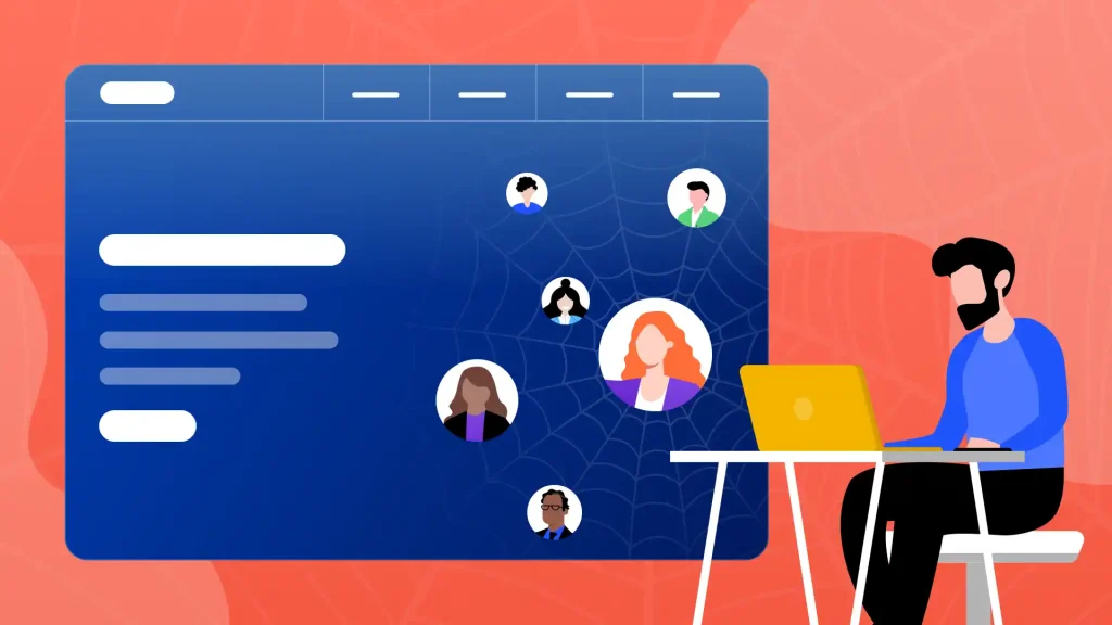Spider web design featured image showing a man at a desk with a spider web in the background.