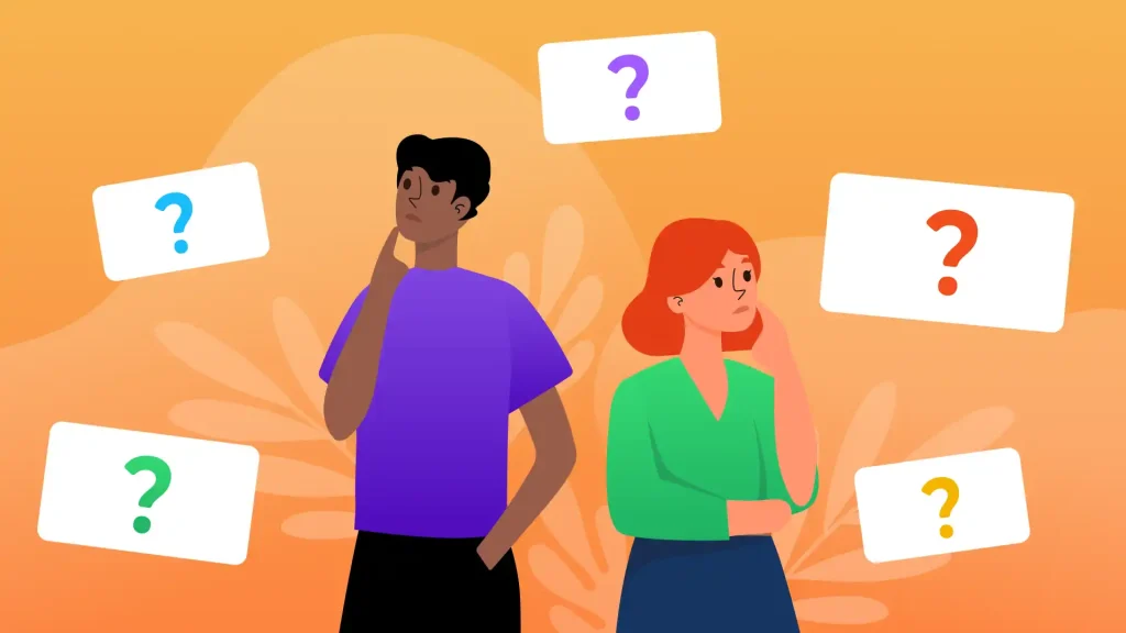 Feature image for a blog post talking about which of the following isn't related to web design? It is a picture with two people, a man and a woman and question marks, symbolizing their question.