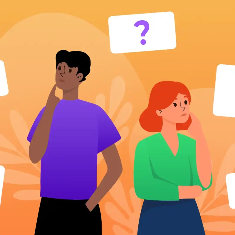 Feature image for a blog post talking about which of the following isn't related to web design? It is a picture with two people, a man and a woman and question marks, symbolizing their question.