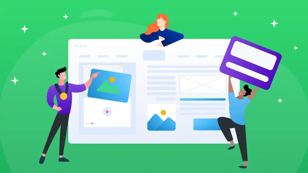 Featured image symbolizing best practices for modern web design with three characters holding elements of design.
