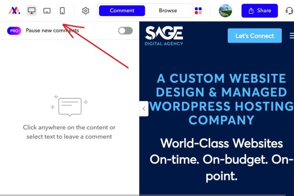A screenshot of Sage Digital Agency's home page as seen in Markup.io. This image shows Markup.io's ability to easily display a website in different viewing modes. This screenshot shows how the Sage Digital Agency home page appears in Desktop view with the Comments box open.
