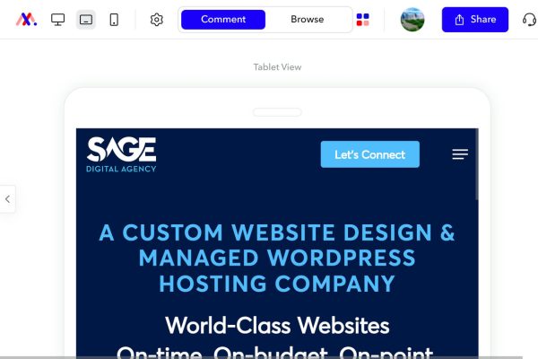A screenshot of Sage Digital Agency's home page as seen in Markup.io. This image shows Markup.io's ability to easily display a website in different viewing modes. This screenshot shows how the Sage Digital Agency home page appears in Tablet view with the Comments box closed.