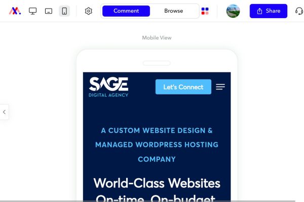A screenshot of Sage Digital Agency's home page as seen in Markup.io. This image shows Markup.io's ability to easily display a website in different viewing modes. This screenshot shows how the Sage Digital Agency home page appears in Mobile view with the Comments box closed.