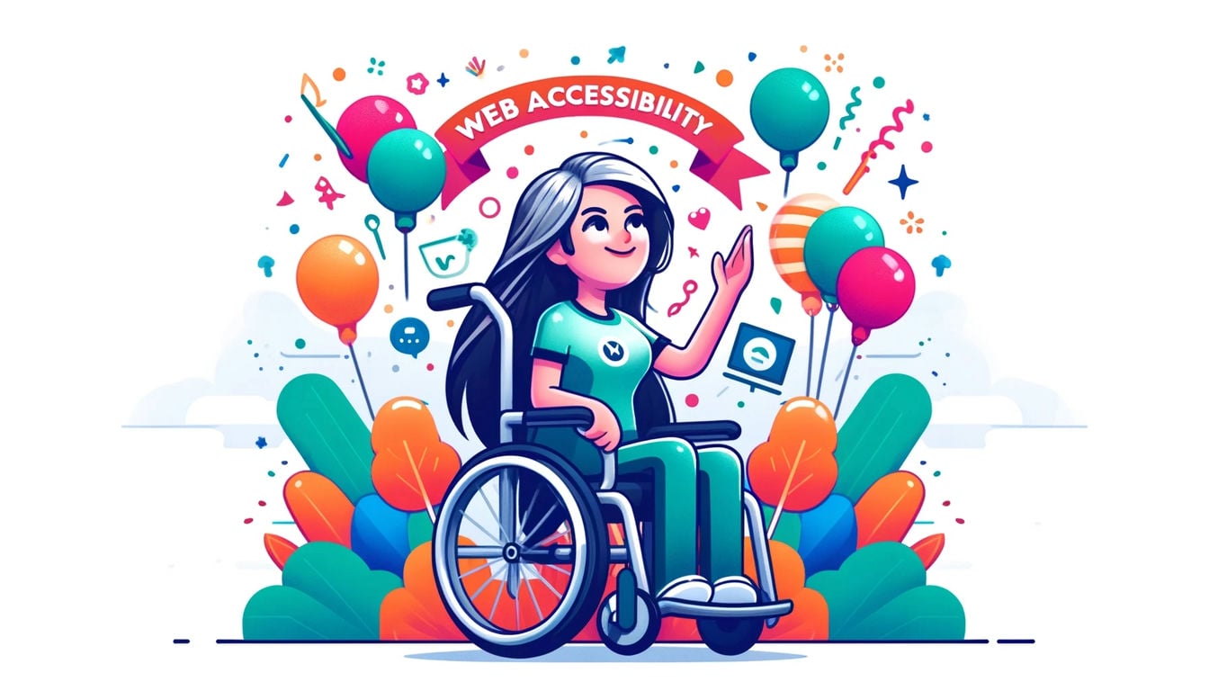 A cartoon illustration in a modern, detailed, and slightly realistic art style with vibrant colors. The illustration shows a woman in a wheelchair who is celebrating. This symbolizes the importance of web accessibility.