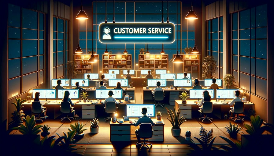 A cartoonish illustration focusing on Customer Service. The scene features a modern, stylish office at night with several customer service employees wearing headsets as they look at computer screens.