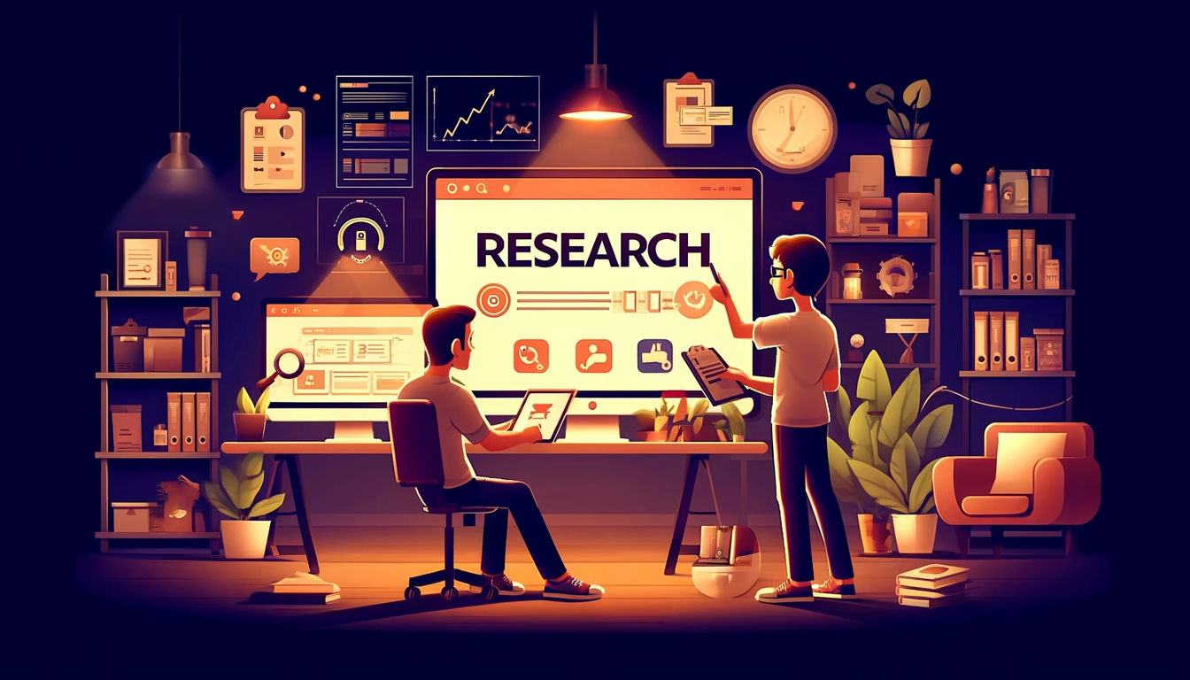 A cartoonish illustration focusing on web design and research and evaluation. The scene includes two characters looking at a research board for web design.