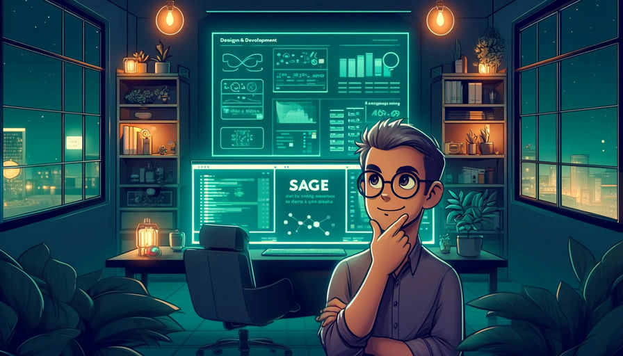 Cartoon illustration of a web designer who is thinking. He's in an office standing in front of a computer screen.