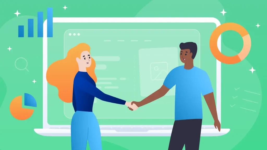 Featured image for a post called How to choose a web design agency to work with. The image shows a man and a woman holding hands in front of a large floating computer screen in the background. It's more of an abstract image that conveys a couple uniting on a decision to hire a web design company. Hiring a web design company can cost a lot of money, so a united decision is important.