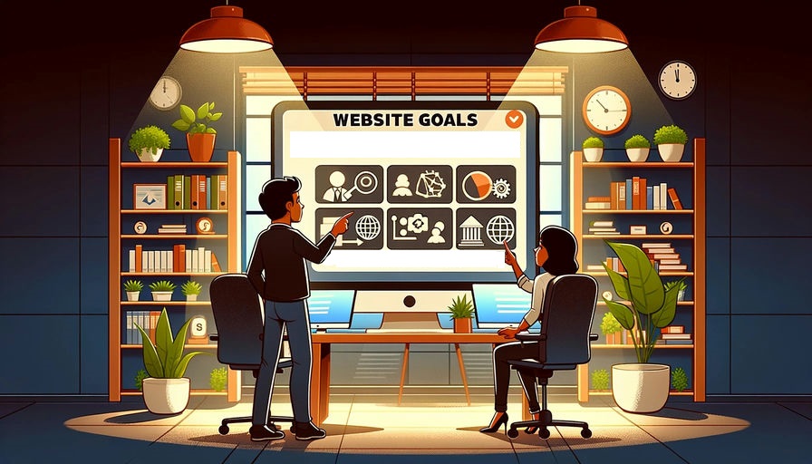 A cartoonish illustration focusing on goals and web design needs. The scene includes two characters discussing website goals for a client while looking at a computer screen with design icons.