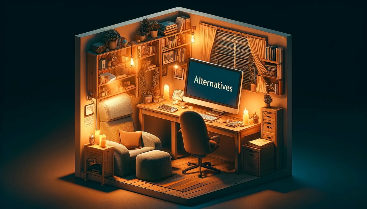 A cartoonish illustration featuring a cozy, enclosed office at night. The scene includes comfortable furniture and a computer screen with the words Alternatives on it.