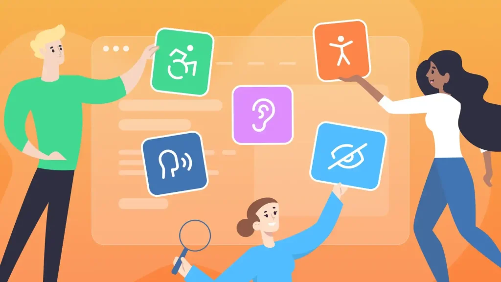 This image symbolizes web accessibility examples. It shows three people from different backgrounds on an abstract artistic canvas with web accessibility symbols floating between them. Each symbol, such as a wheelchair, represent a different aspect of web accessibility.