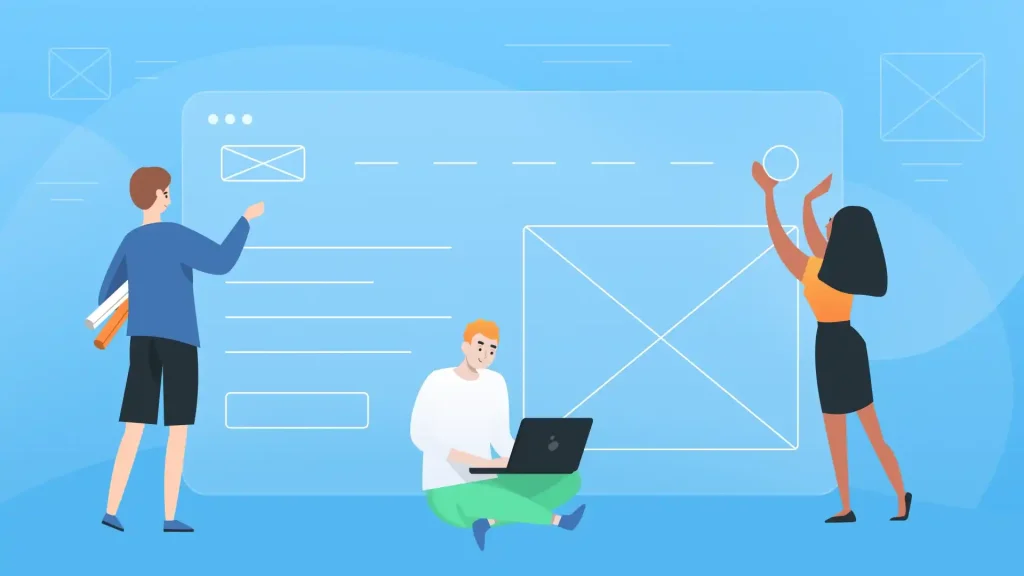 Featured image for an article called What is wireframing in UX design. The image shows two men and a woman working on a wireframe. The image symbolizes the UX design process, which often relies on wireframes.