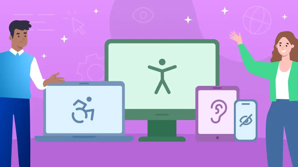 Featured image for an article explaining why web accessibility is important when building a website. The image shows a man and a woman on an abstract background, showing an accessibility symbol.