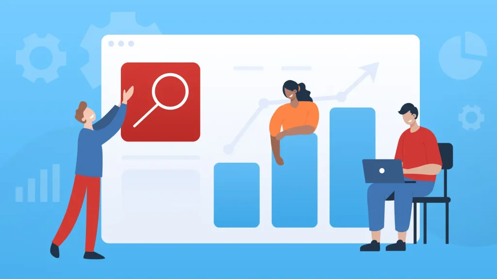 A stylized illustration showing a diverse trio of people using computer-related technologies. The image is a symbolic representation of how to improve web accessibility.