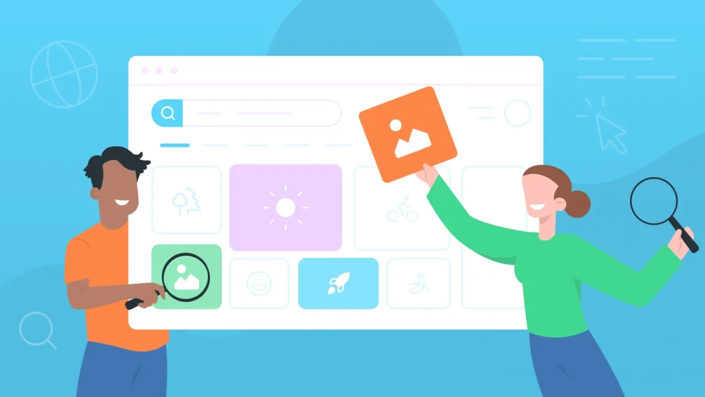Two illustrated people building a website and a brand
