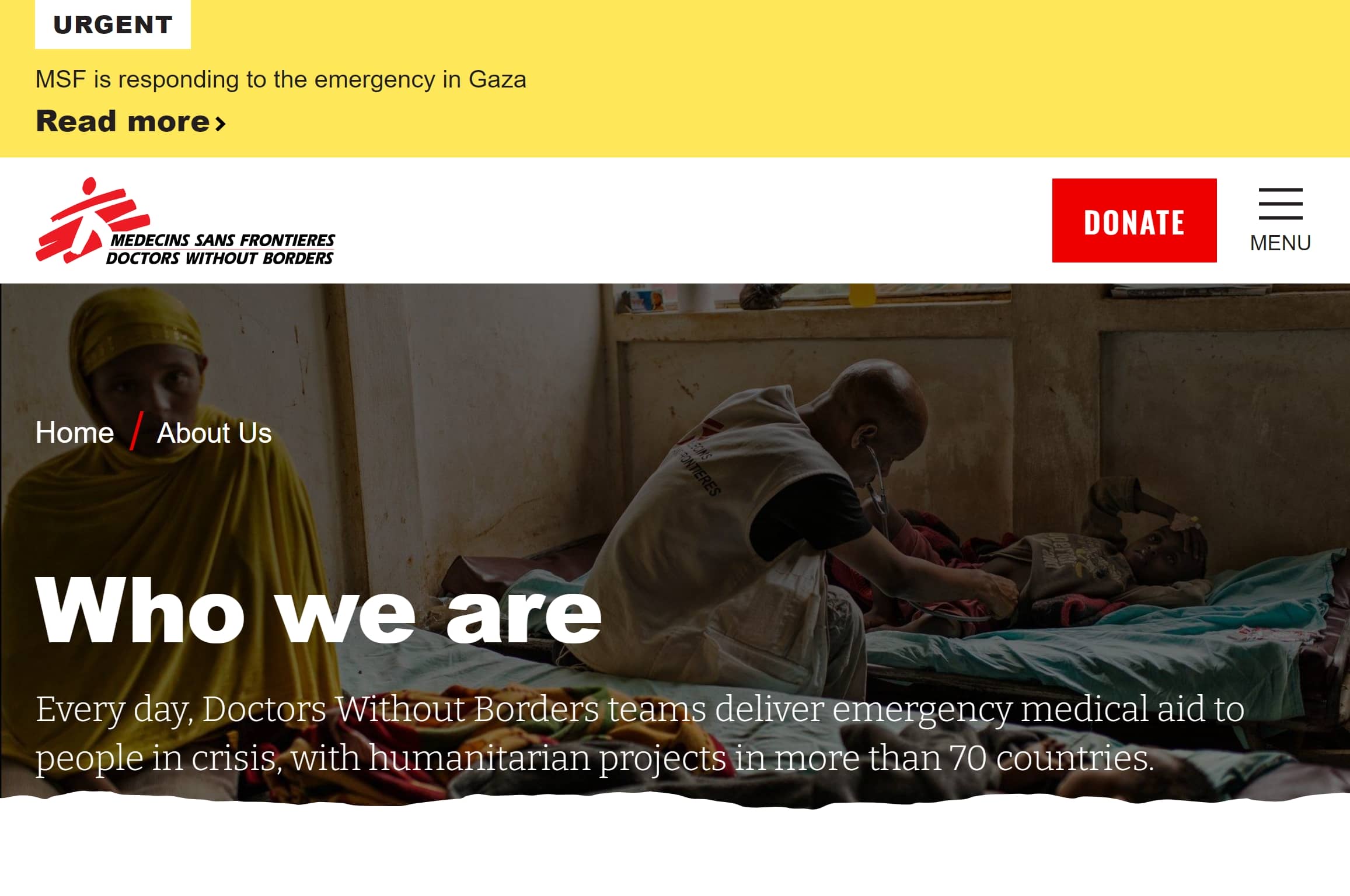 Doctors Without Borders nonprofit website homepage.