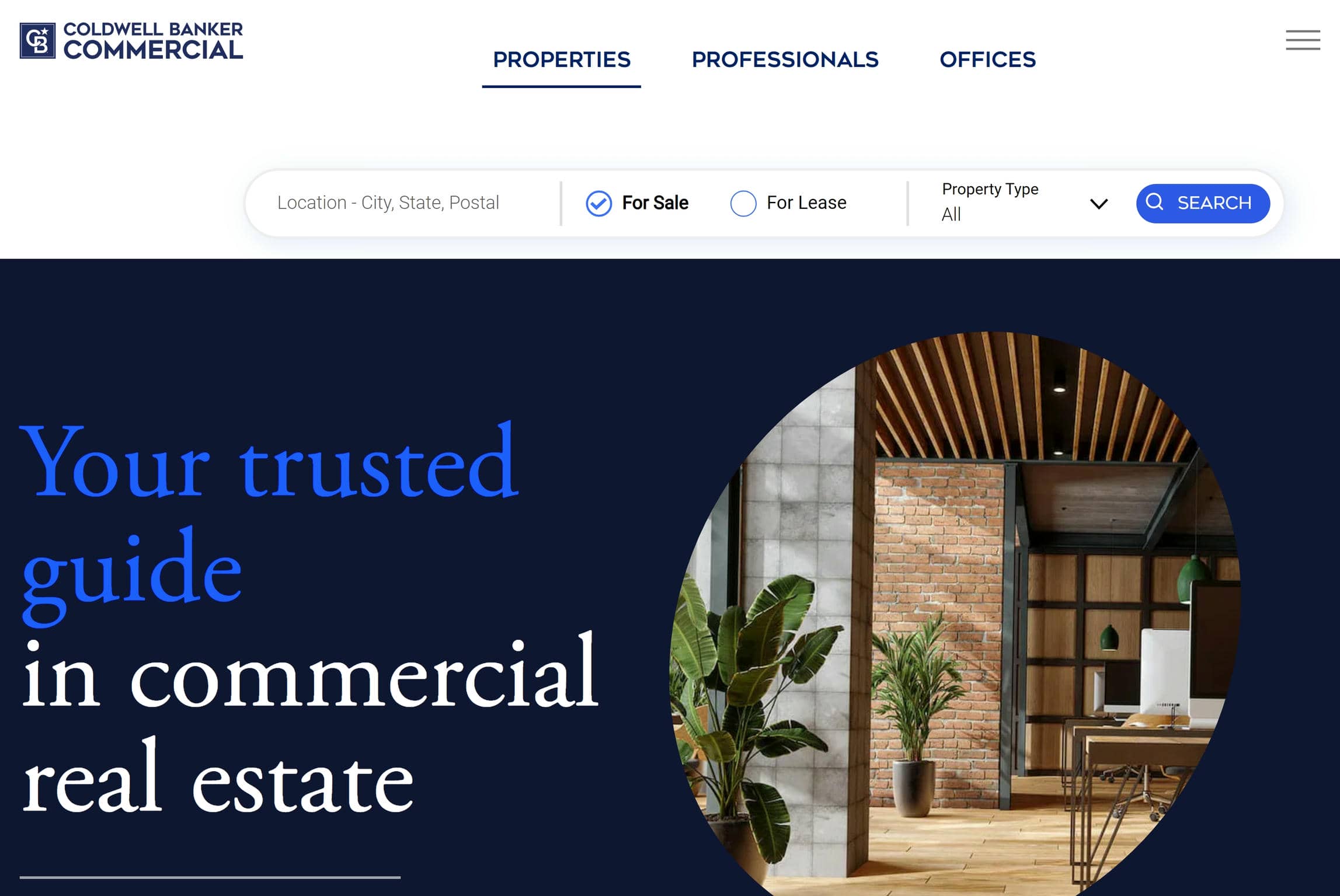 Coldwell Banker Commercial real estate website homepage.