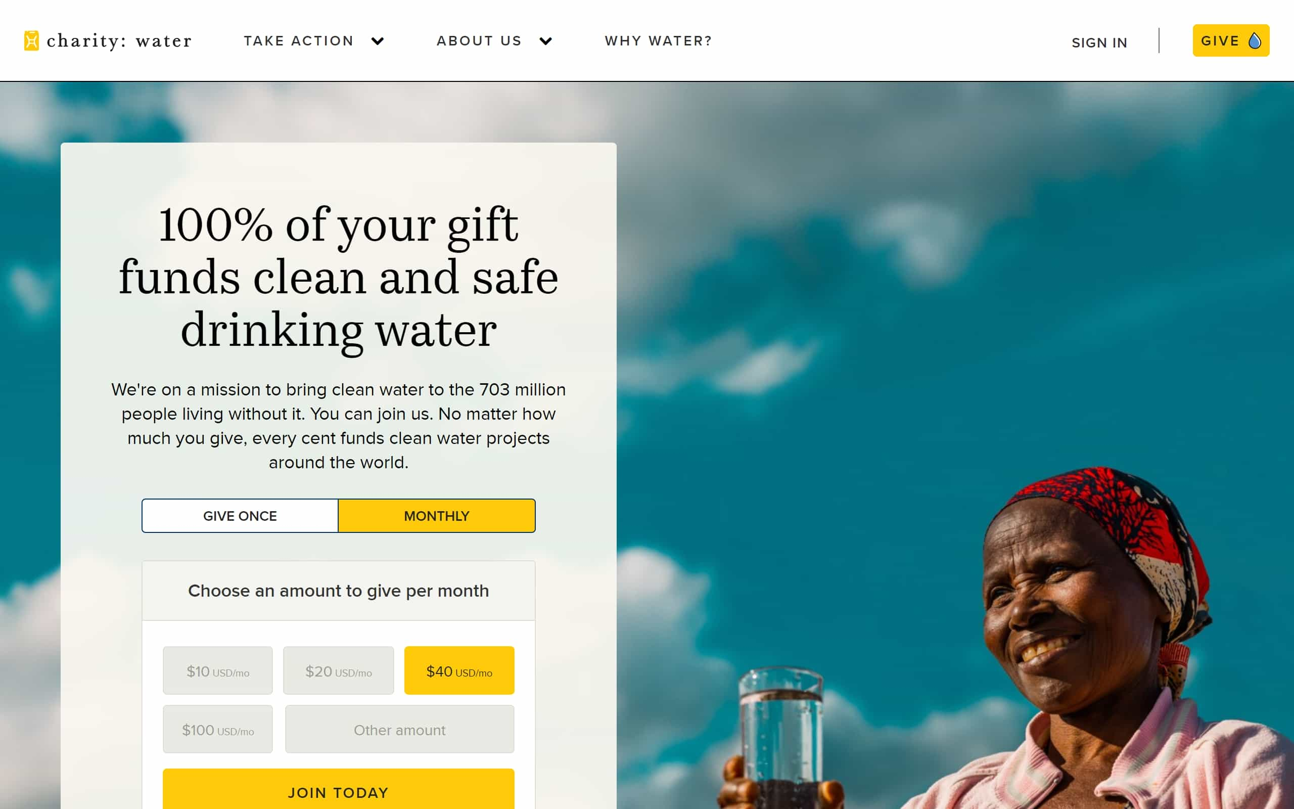 Charity: Water website's homepage.