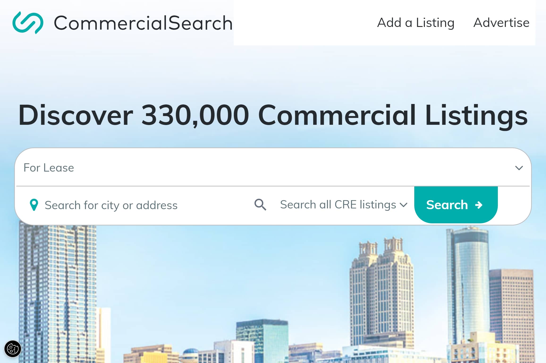 CommercialSearch real estate website homepage.