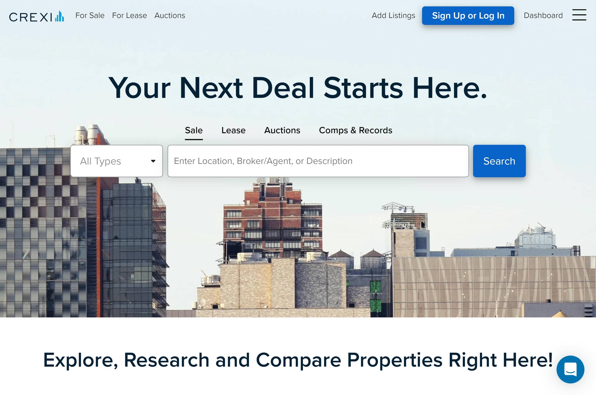 Crexi commercial real estate website homepage.