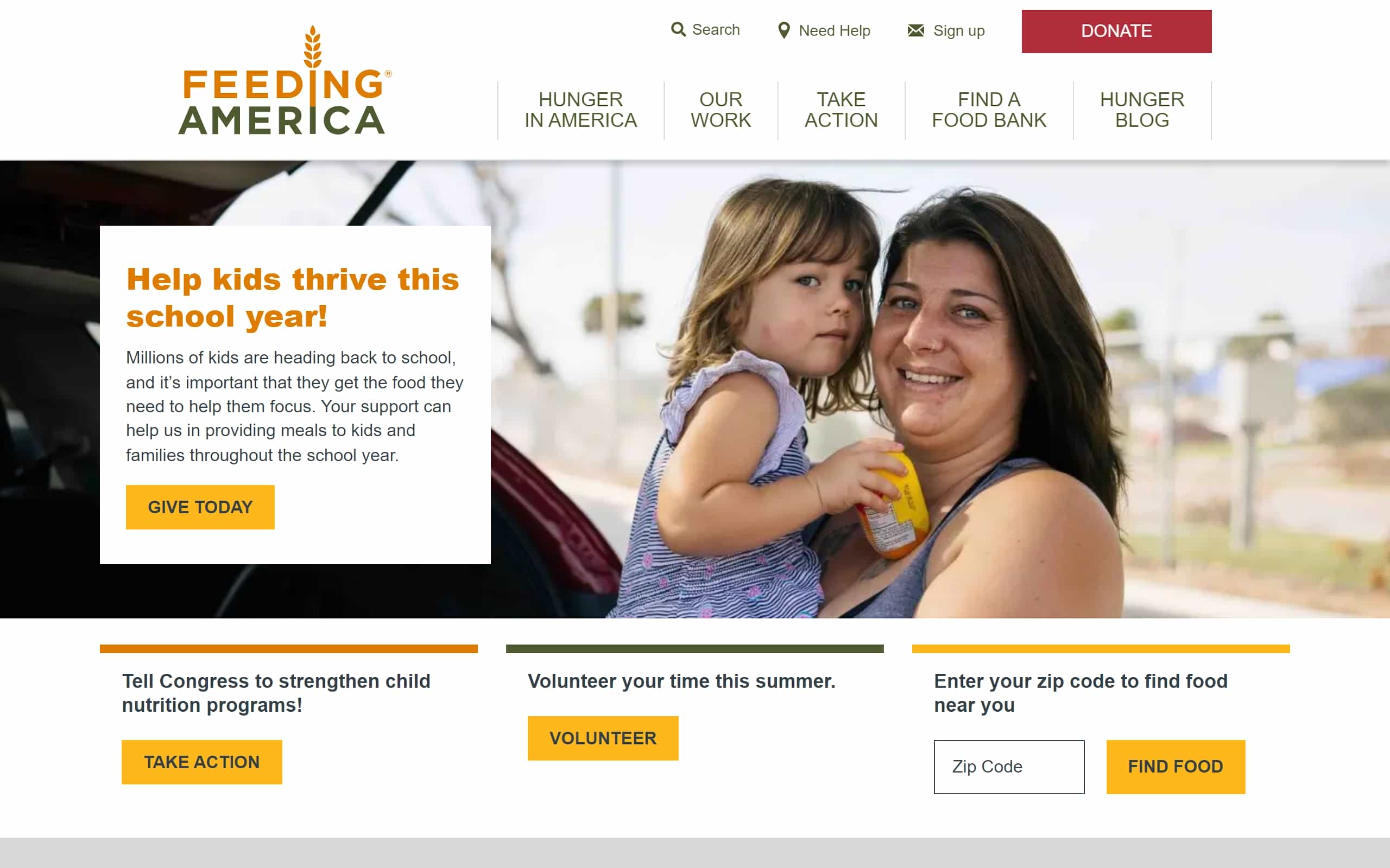 Feeding America's nonprofit website homepage