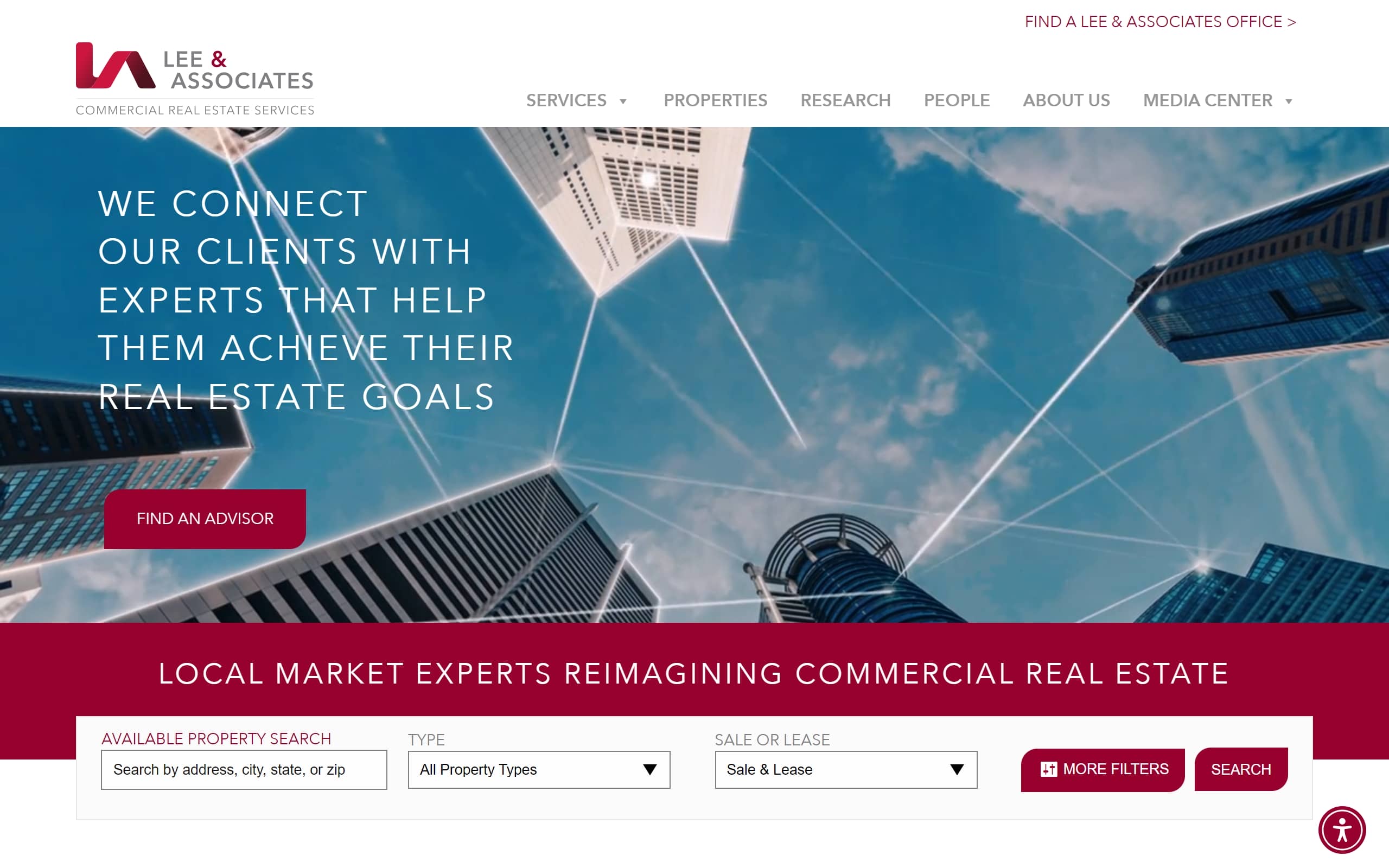 Lee & Associates commercial real estate website homepage.