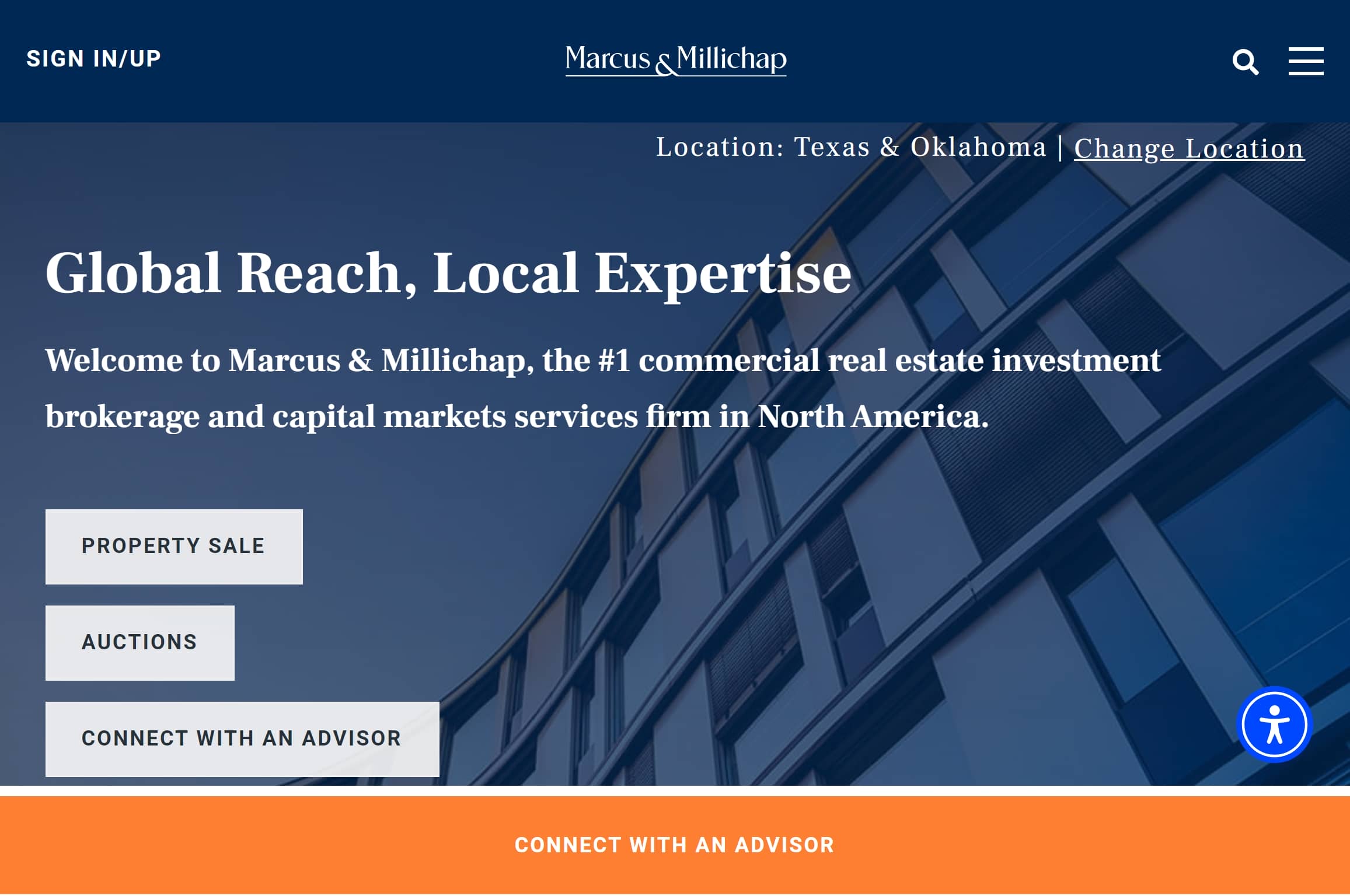 Marcus & Millichap commercial real estate website homepage.