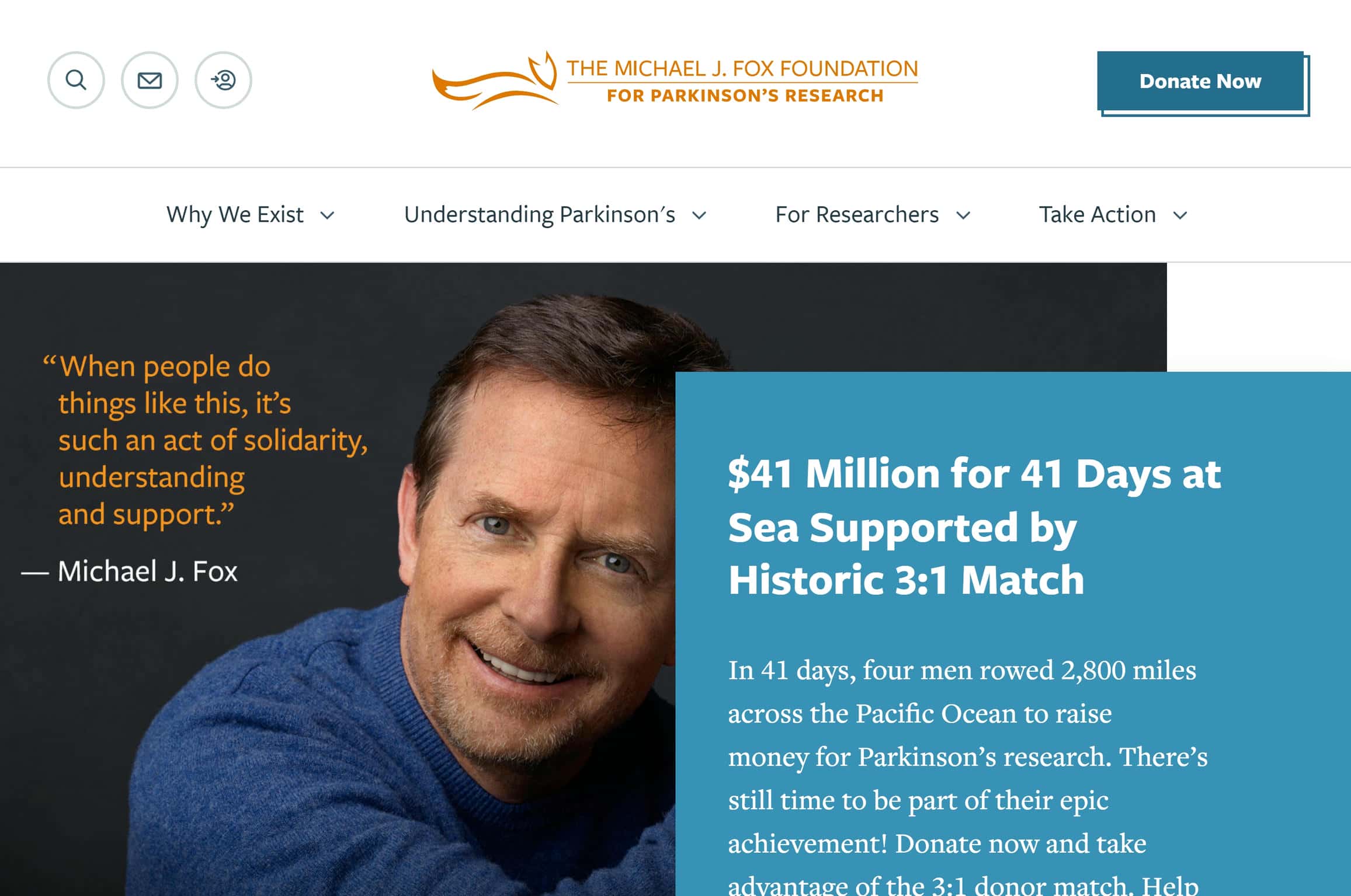 Michael J Fox nonprofit website homepage