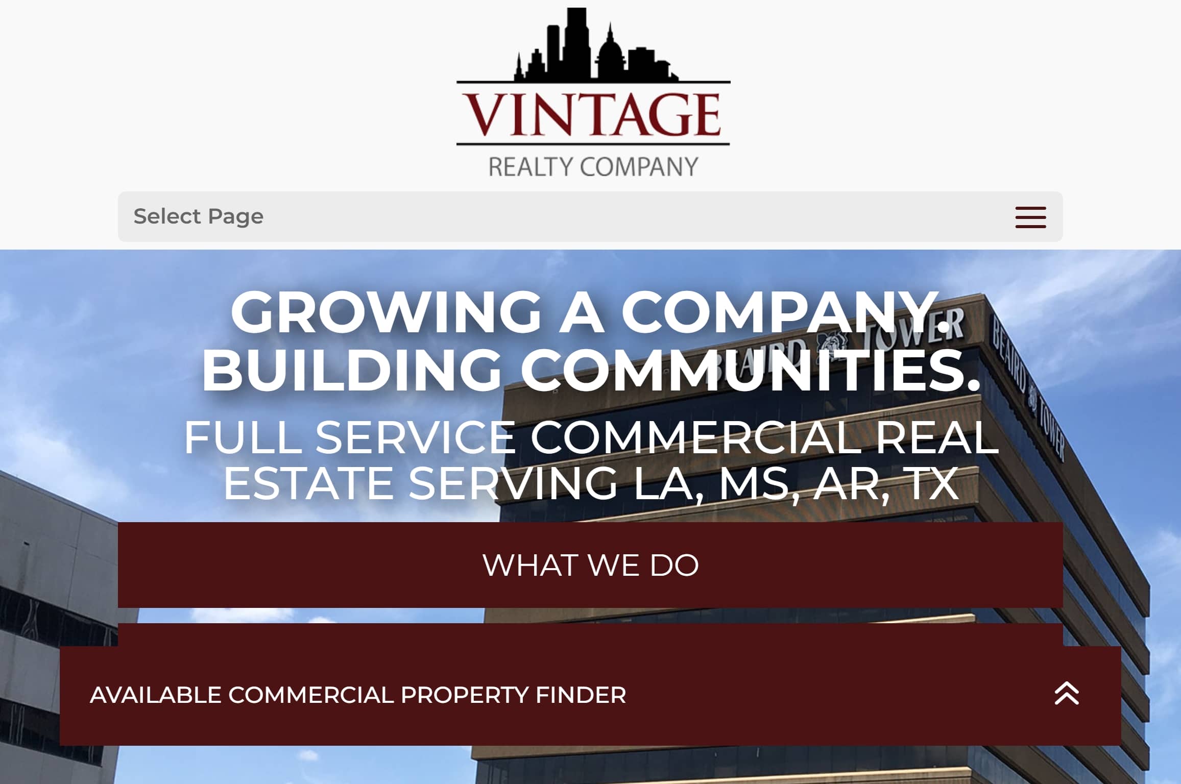 Vintage Realty commercial real estate website home page.