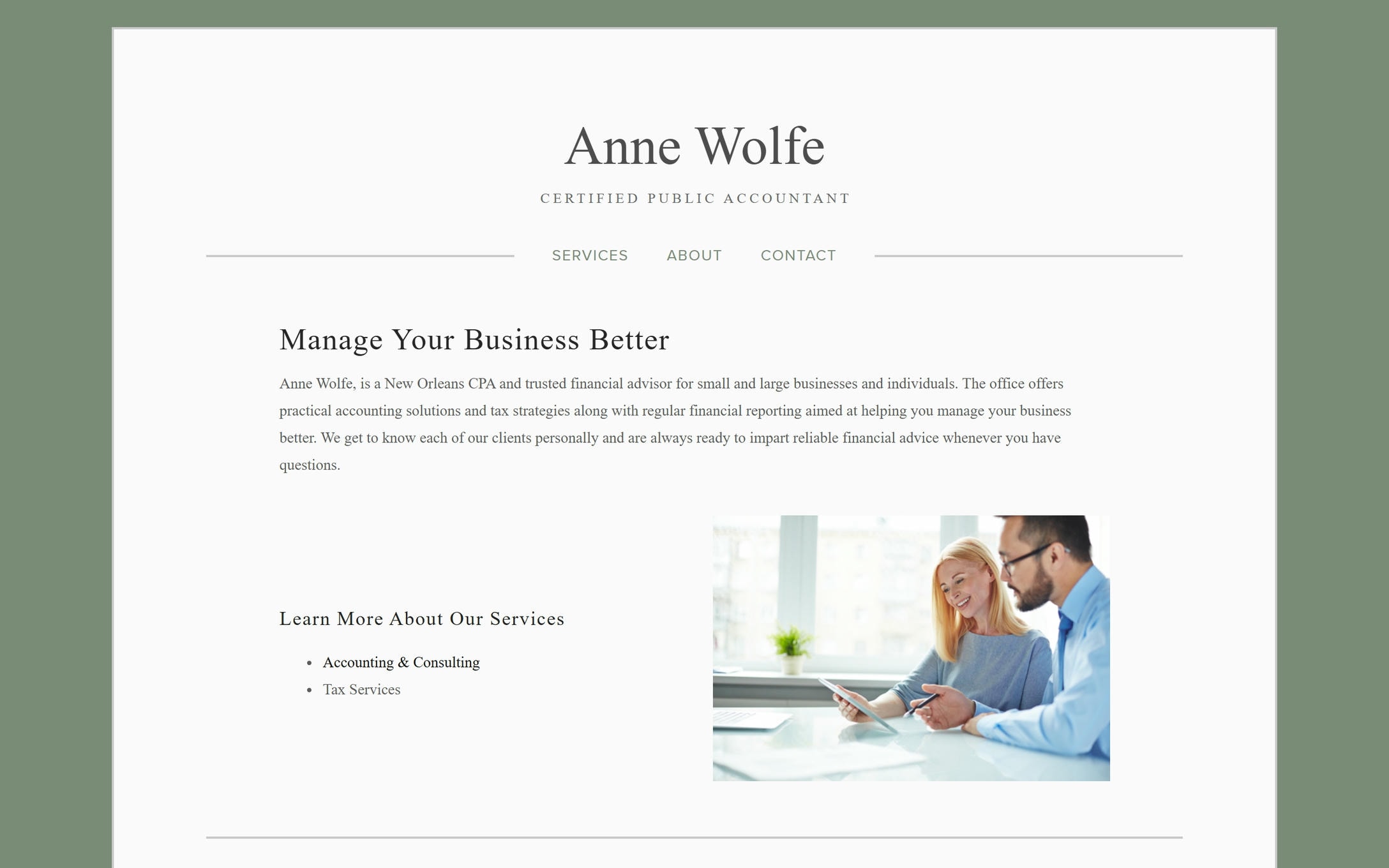 Anne Wolfe Home website page