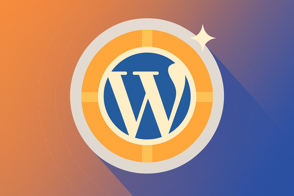 Flat illustration of a WordPress shield icon with orange and blue gradient background, symbolizing website security and protection.