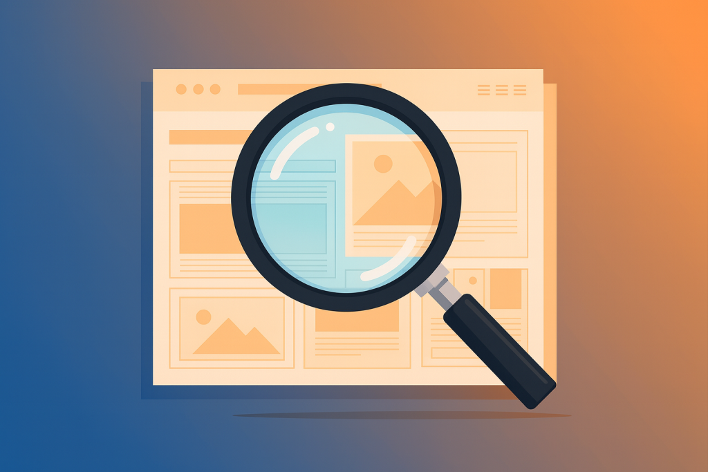 Flat illustration of a magnifying glass zooming in on a website wireframe layout with an orange and blue gradient background.