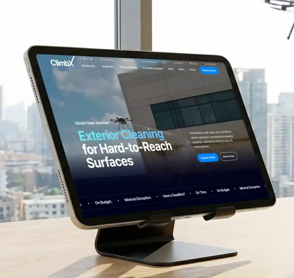 A tablet on a stand displays "ClimbX Clean Solutions: Exterior Cleaning for Hard-to-Reach Surfaces" with a drone.