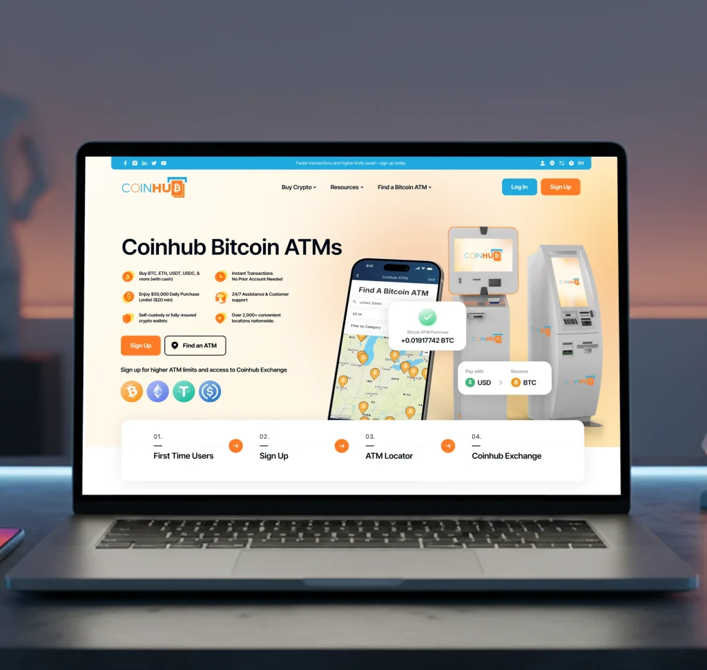 A laptop displays the "Coinhub Bitcoin ATMs" website, showing a map of ATMs and a purchase confirmation.