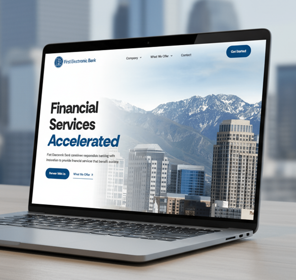 A laptop displays a website with "Financial Services Accelerated" over a cityscape and mountains.