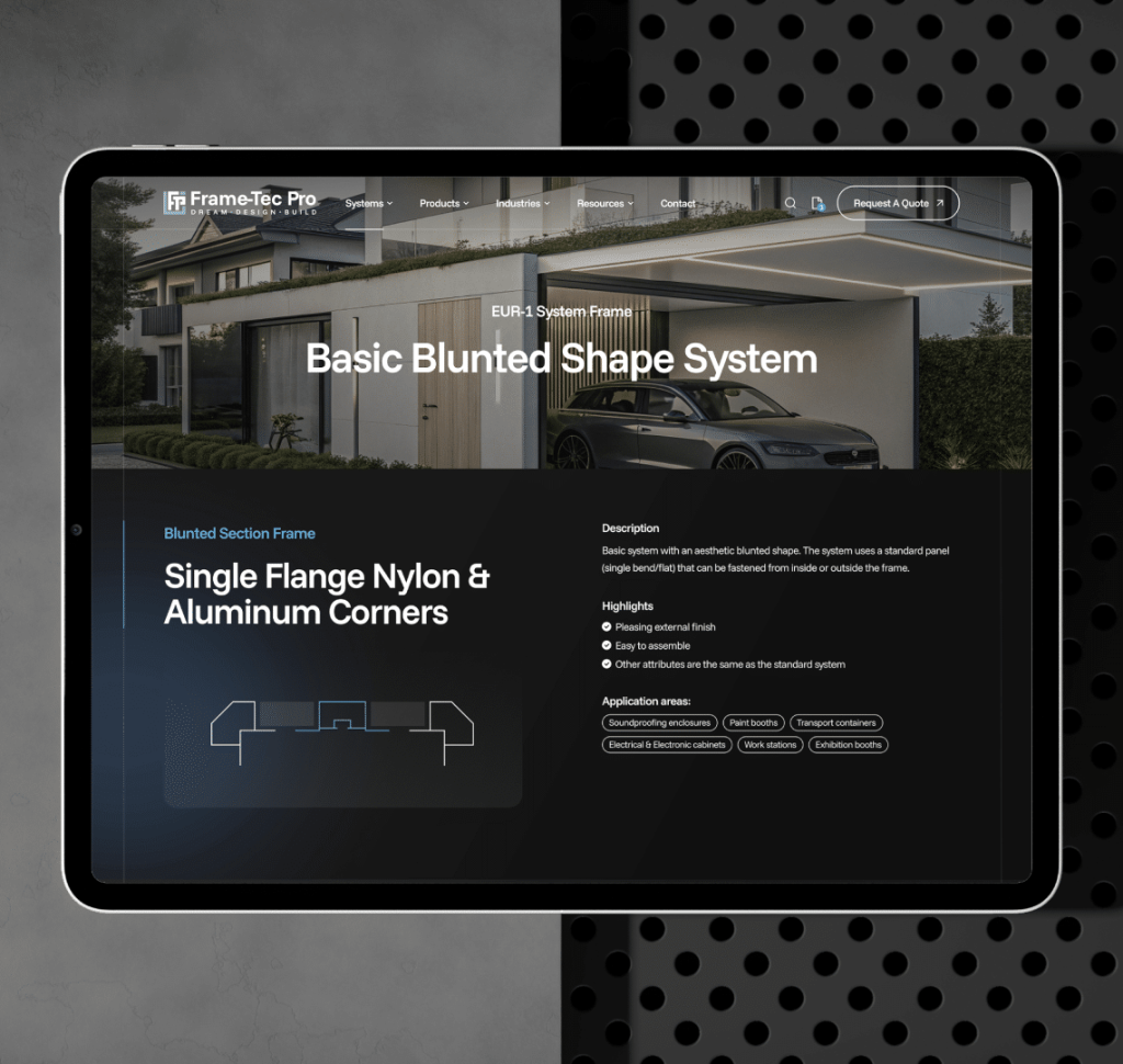 A tablet displays a website with "Basic Blunted Shape System" and "Single Flange Nylon & Aluminum Corners."