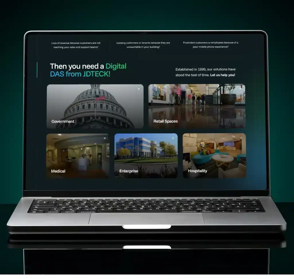 A laptop displays a website with the text "Then you need a Digital DAS from JDTECK!" and five images below.