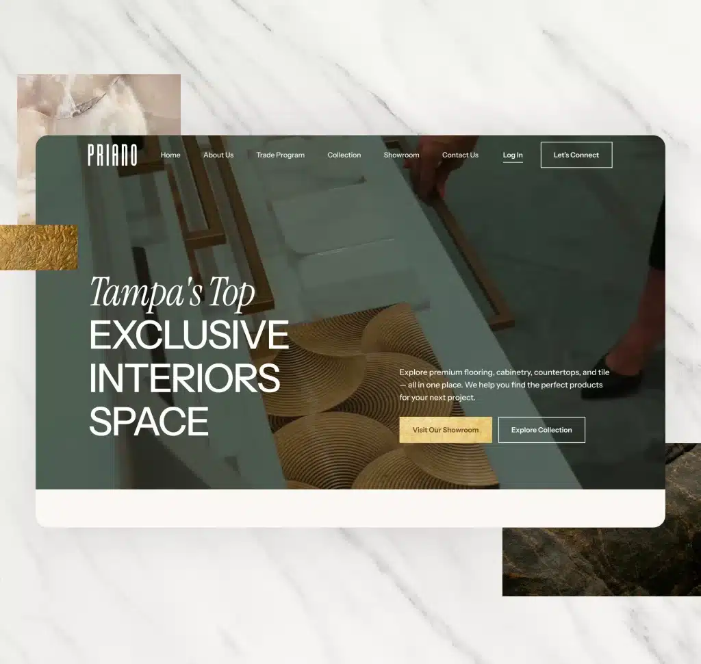 A website for "PRIANO" on a marble background, featuring "Tampa's Top EXCLUSIVE INTERIORS SPACE".