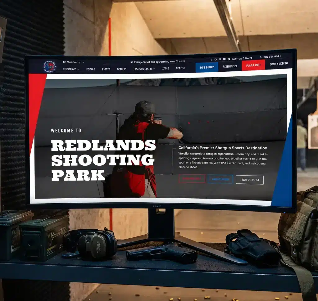 A monitor displays "REDLANDS SHOOTING PARK" website with a shooter, pistol, and ammo boxes on a table.