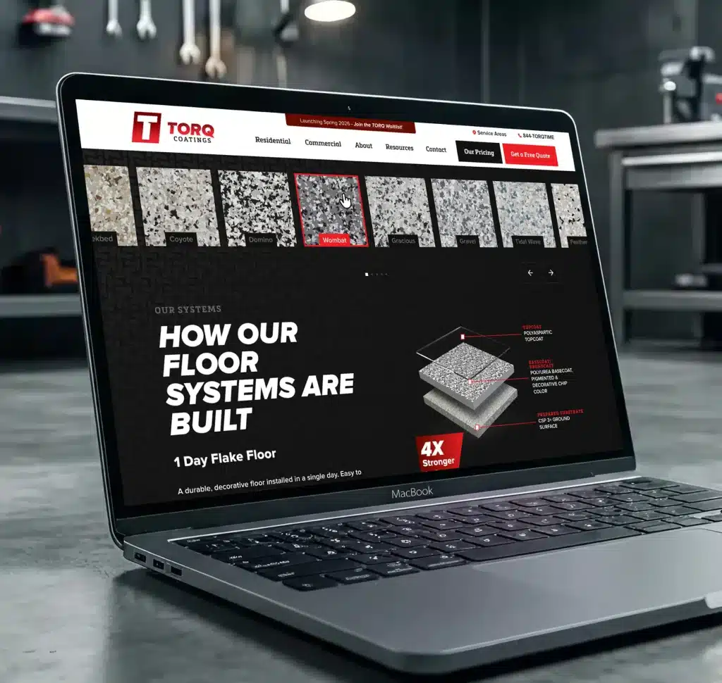 A MacBook displays the Torq Coatings website with "HOW OUR FLOOR SYSTEMS ARE BUILT" and floor samples.