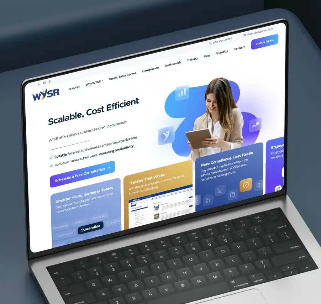 A laptop displays the "WYSR" website with the prominent text "Scalable, Cost Efficient" and a woman holding a tablet.